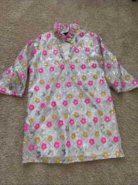 Brianna Cannon Silver Sequin Floral Shift Dress with Pink Accents